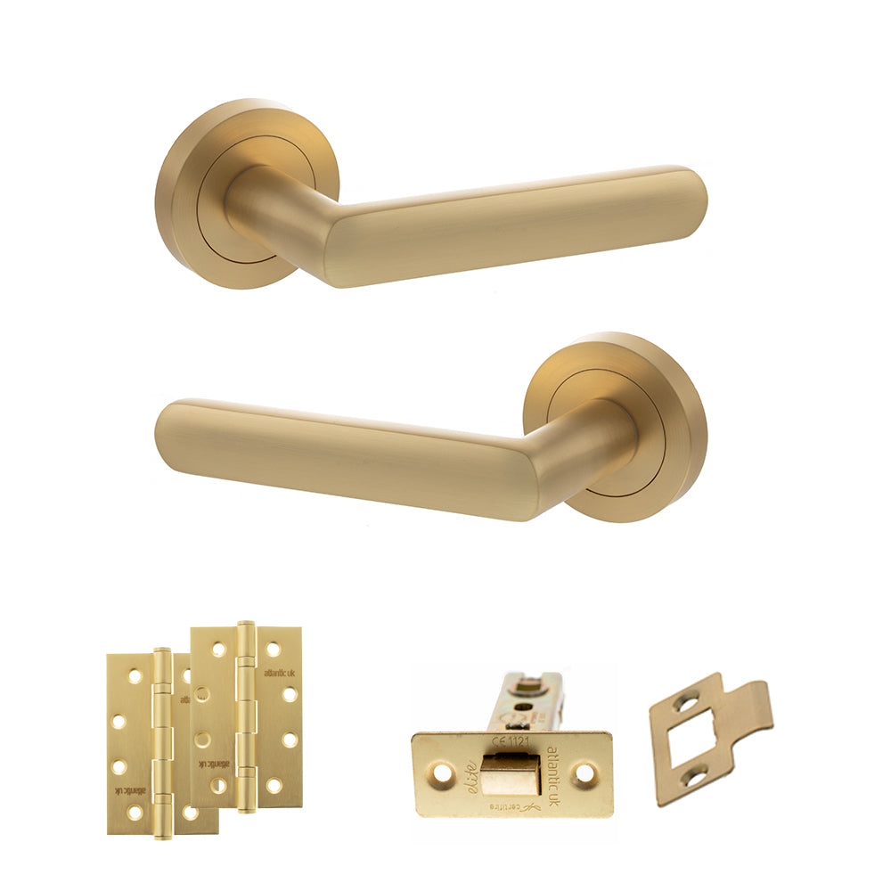 Quality image of STATUS Carolina Door Handle Pack (Latch Set - 3" CE Latch, 4" Slim Knuckle Hinges x2) - Satin Brass | Sku. adps42rsb6 | available from Trade Door Handles.