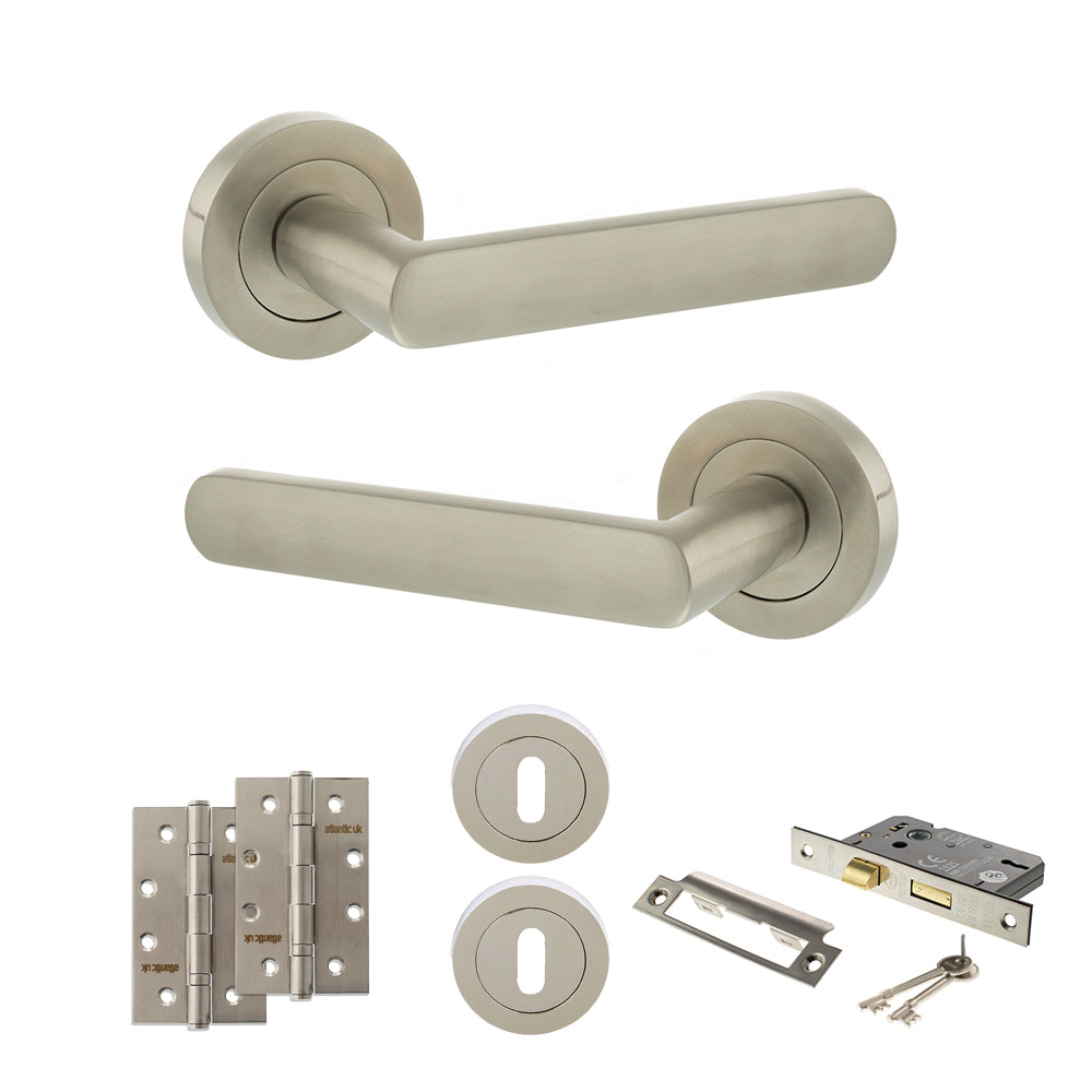 Quality image of STATUS Carolina Door Handle Pack (3 Lever Lock Set - 3" CE Sashlock, 4" Slim Knuckle Hinges x2) - Satin Nickel | Sku. adps42rsn19 | available from Trade Door Handles.