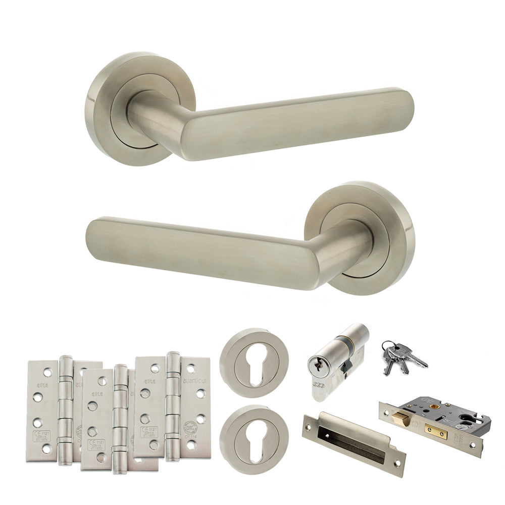 Quality image of STATUS Carolina Door Handle Pack (Euro Lock Set - 3" CE Sashlock, 4" Fire Rated Hinges x3) - Satin Nickel | Sku. adps42rsn23 | available from Trade Door Handles.