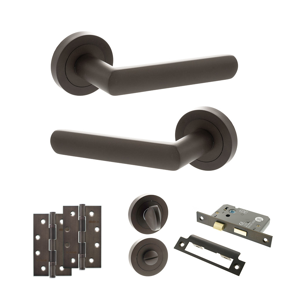 Quality image of STATUS Carolina Door Handle Pack (Bathroom Set - 2.5" CE Bathroom Lock, 4" Slim Knuckle Hinges x2) - Urban Dark Bronze | Sku. adps42rudb12 | available from Trade Door Handles.