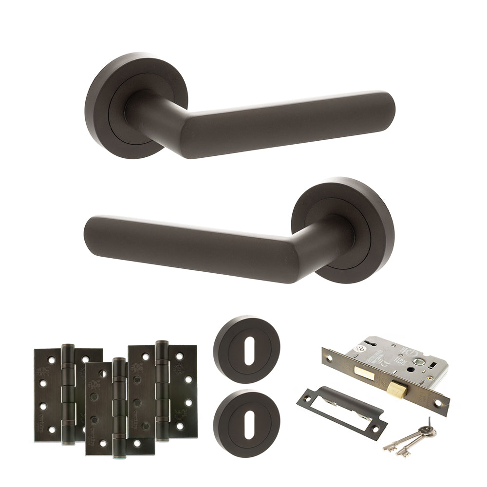 Quality image of STATUS Carolina Door Handle Pack (3 Lever Lock Set - 3" CE Sashlock, 4" Fire Rated Hinges x3) - Urban Dark Bronze | Sku. adps42rudb17 | available from Trade Door Handles.