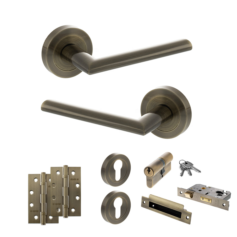 Quality image of STATUS Alabama Door Handle Pack (Euro Lock Set - 3" CE Sashlock, 4" Slim Knuckle Hinges x2) - Antique Brass | Sku. adps43rab25 | available from Trade Door Handles.