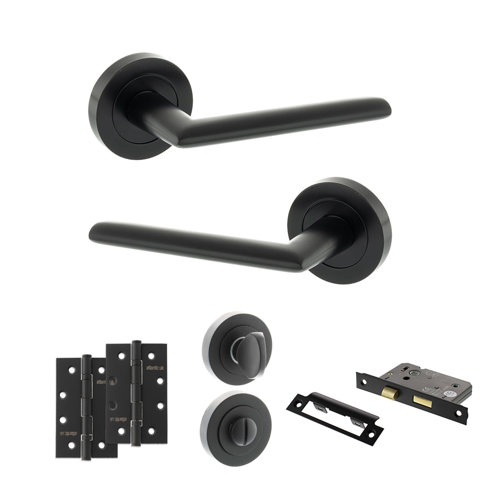 Quality image of STATUS Alabama Door Handle Pack (Bathroom Set - 3" CE Bathroom Lock, 4" Slim Knuckle Hinges x2) - Matt Black | Sku. adps43rmb13 | available from Trade Door Handles.
