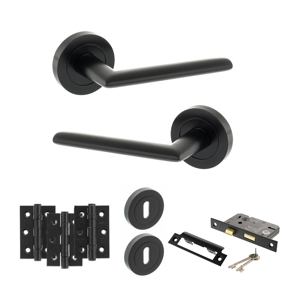 Quality image of STATUS Alabama Door Handle Pack (3 Lever Lock Set - 3" CE Sashlock, 3" Fire Rated Hinges x3) - Matt Black | Sku. adps43rmb15 | available from Trade Door Handles.