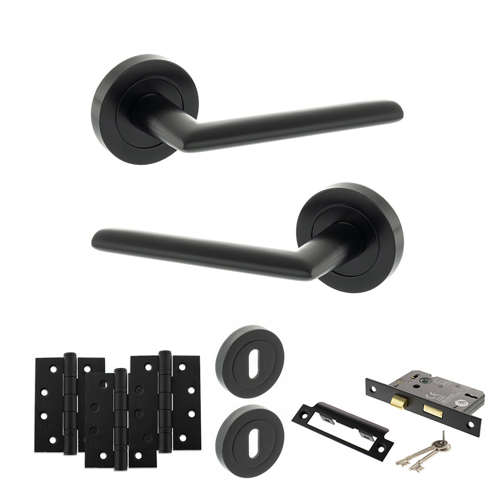 Quality image of STATUS Alabama Door Handle Pack (3 Lever Lock Set - 3" CE Sashlock, 4" Fire Rated Hinges x3) - Matt Black | Sku. adps43rmb17 | available from Trade Door Handles.