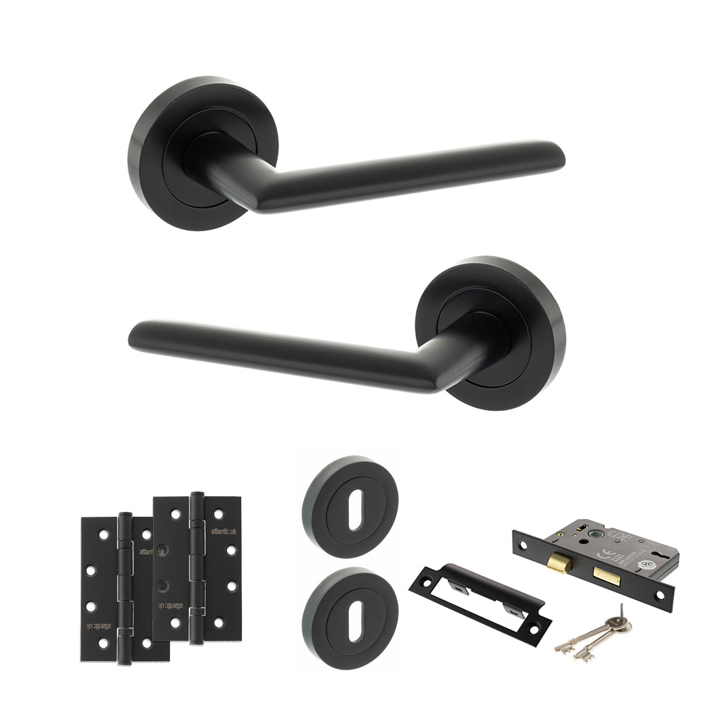 Quality image of STATUS Alabama Door Handle Pack (3 Lever Lock Set - 3" CE Sashlock, 4" Slim Knuckle Hinges x2) - Matt Black | Sku. adps43rmb19 | available from Trade Door Handles.