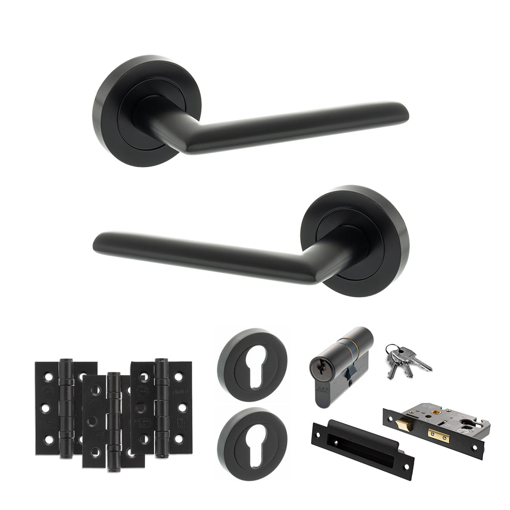 Quality image of STATUS Alabama Door Handle Pack (Euro Lock Set - 2.5" CE Sashlock, 3" Fire Rated Hinges x3) - Matt Black | Sku. adps43rmb20 | available from Trade Door Handles.
