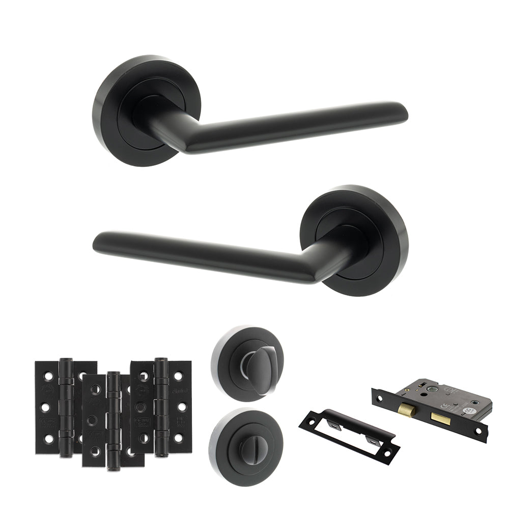Quality image of STATUS Alabama Door Handle Pack (Bathroom Set - 2.5" CE Bathroom Lock, 3" Fire Rated Hinges x3) - Matt Black | Sku. adps43rmb8 | available from Trade Door Handles.