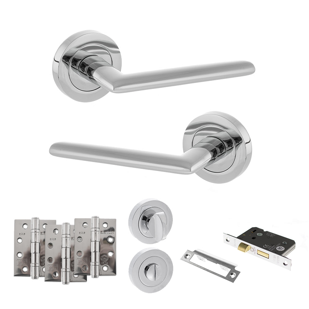 Quality image of STATUS Alabama Door Handle Pack (Bathroom Set - 2.5" CE Bathroom Lock, 4" Fire Rated Hinges x3) - Polished Chrome | Sku. adps43rpc10 | available from Trade Door Handles.