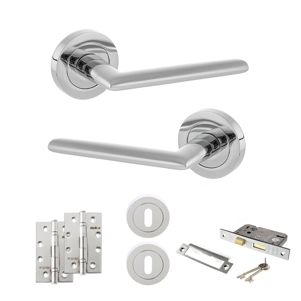 Quality image of STATUS Alabama Door Handle Pack (3 Lever Lock Set - 2.5" CE Sashlock, 4" Slim Knuckle Hinges x2) - Polished Chrome | Sku. adps43rpc18 | available from Trade Door Handles.