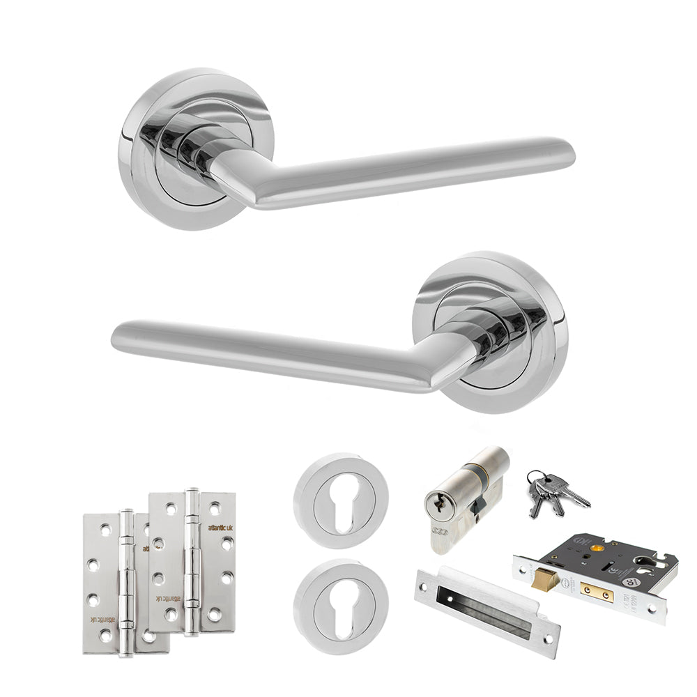 Quality image of STATUS Alabama Door Handle Pack (Euro Lock Set - 3" CE Sashlock, 4" Slim Knuckle Hinges x2) - Polished Chrome | Sku. adps43rpc25 | available from Trade Door Handles.
