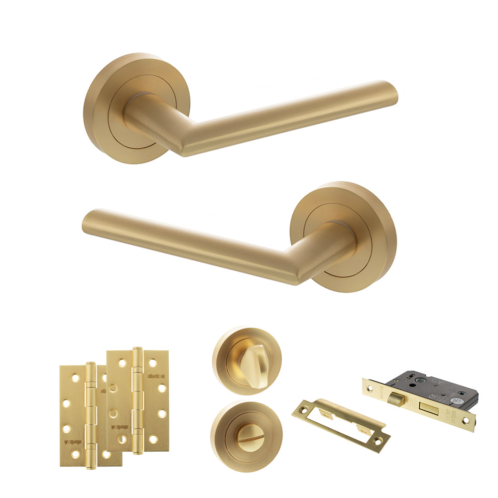 Quality image of STATUS Alabama Door Handle Pack (Bathroom Set - 2.5" CE Bathroom Lock, 4" Slim Knuckle Hinges x2) - Satin Brass | Sku. adps43rsb12 | available from Trade Door Handles.