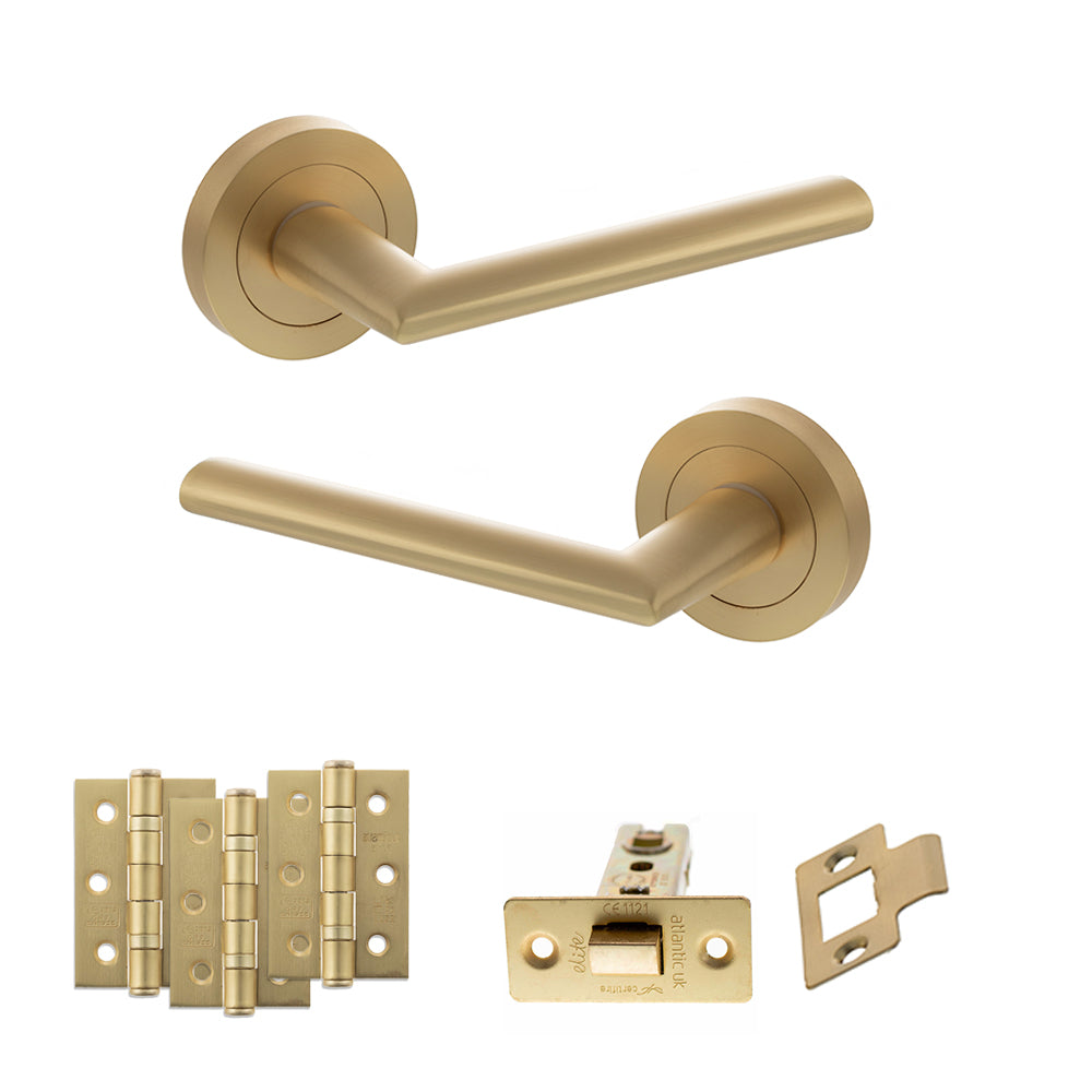 Quality image of STATUS Alabama Door Handle Pack (Latch Set - 3" CE Latch, 3" Fire Rated Hinges x3) - Satin Brass | Sku. adps43rsb2 | available from Trade Door Handles.
