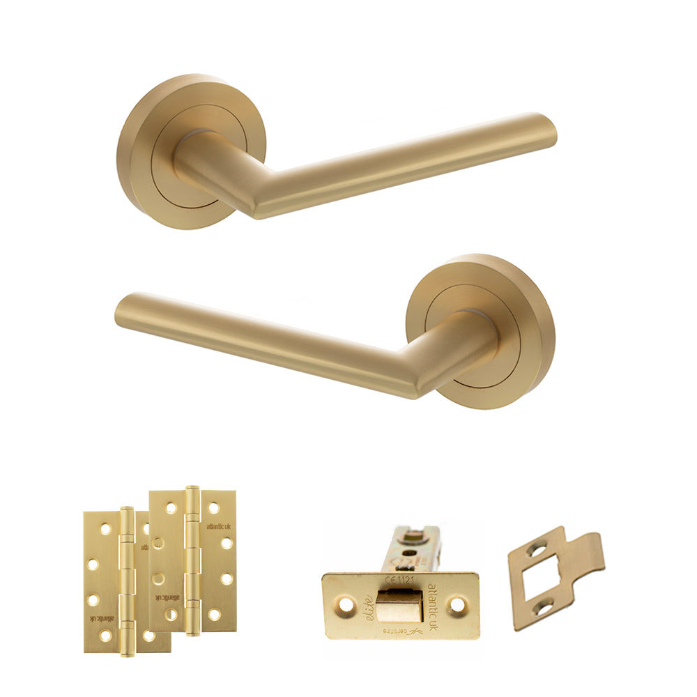 Quality image of STATUS Alabama Door Handle Pack (Latch Set - 2.5" CE Latch, 4" Slim Knuckle Hinges x2) - Satin Brass | Sku. adps43rsb5 | available from Trade Door Handles.