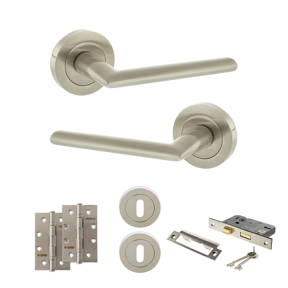 Quality image of STATUS Alabama Door Handle Pack (3 Lever Lock Set - 2.5" CE Sashlock, 4" Slim Knuckle Hinges x2) - Satin Nickel | Sku. adps43rsn18 | available from Trade Door Handles.