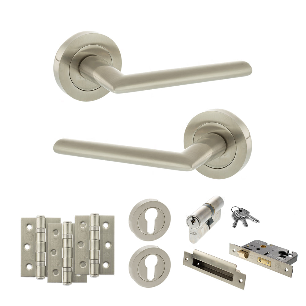 Quality image of STATUS Alabama Door Handle Pack (Euro Lock Set - 3" CE Sashlock, 3" Fire Rated Hinges x3) - Satin Nickel | Sku. adps43rsn21 | available from Trade Door Handles.