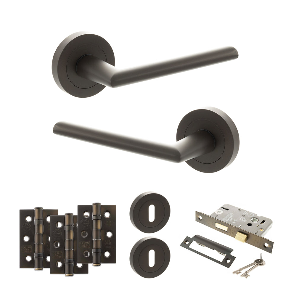 Quality image of STATUS Alabama Door Handle Pack (3 Lever Lock Set - 3" CE Sashlock, 3" Fire Rated Hinges x3) - Urban Dark Bronze | Sku. adps43rudb15 | available from Trade Door Handles.