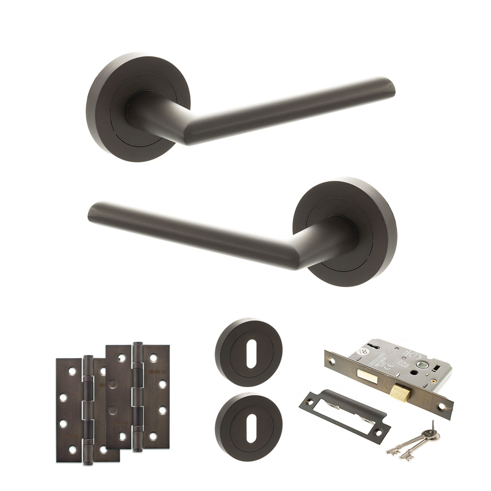 Quality image of STATUS Alabama Door Handle Pack (3 Lever Lock Set - 3" CE Sashlock, 4" Slim Knuckle Hinges x2) - Urban Dark Bronze | Sku. adps43rudb19 | available from Trade Door Handles.
