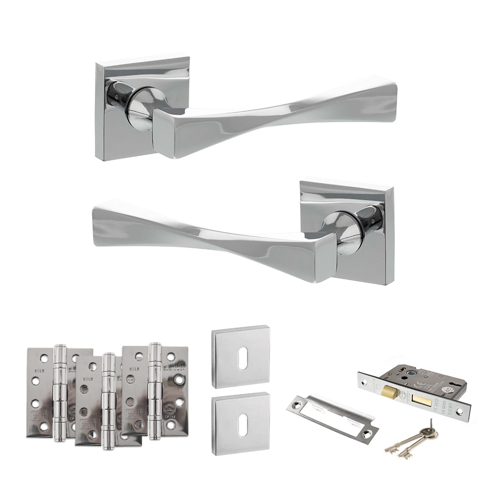 Quality image of Senza Pari Guido Door Handle Pack (3 Lever Lock Set - 3" CE Sashlock, 4" Fire Rated Hinges x3) - Polished Chrome | Sku. adpsp190cp17 | available from Trade Door Handles.