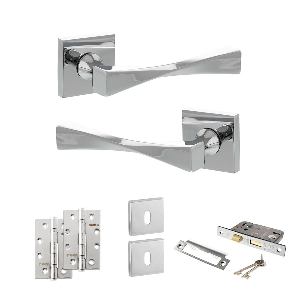 Quality image of Senza Pari Guido Door Handle Pack (3 Lever Lock Set - 3" CE Sashlock, 4" Slim Knuckle Hinges x2) - Polished Chrome | Sku. adpsp190cp19 | available from Trade Door Handles.