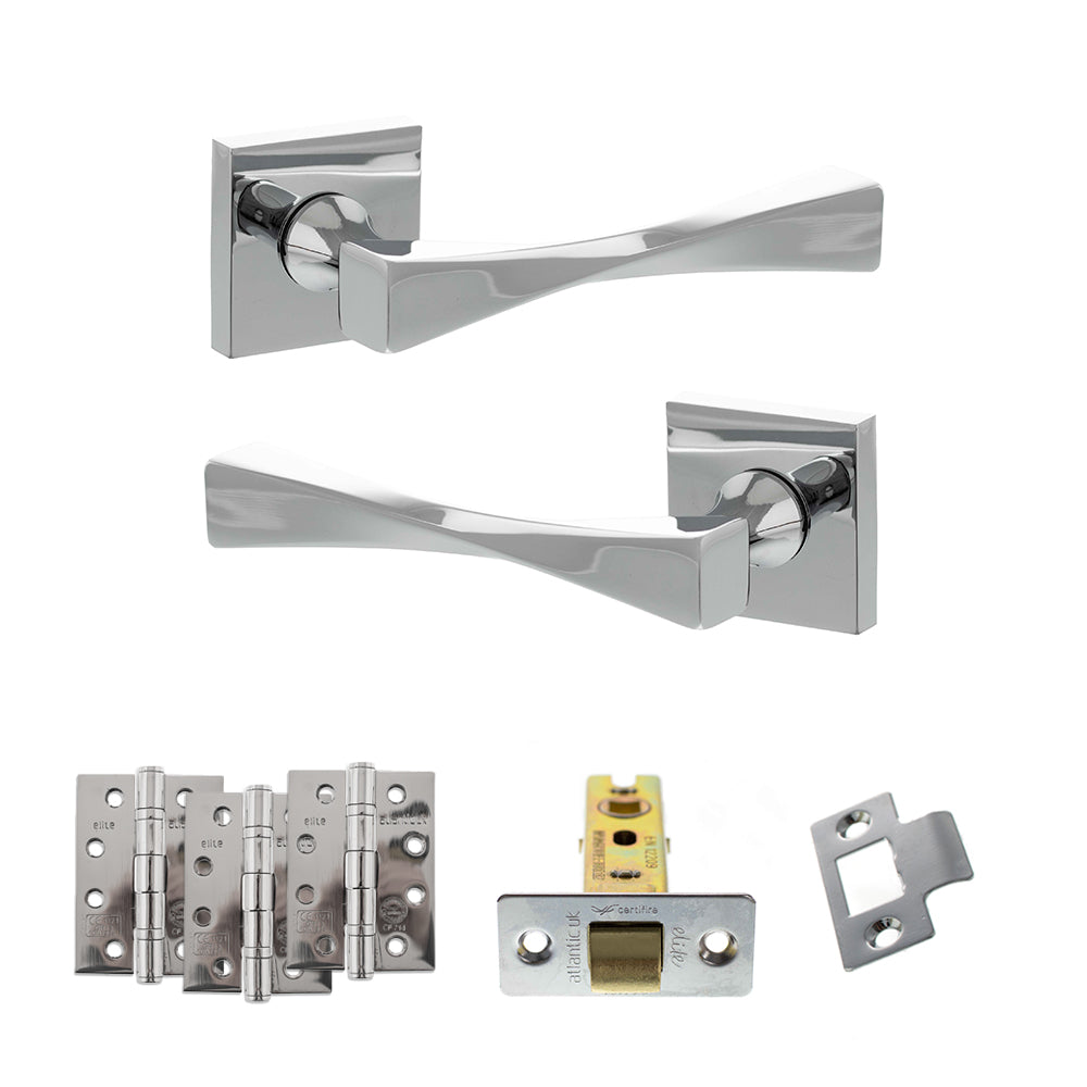 Quality image of Senza Pari Guido Door Handle Pack (Latch Set - 3" CE Latch, 4" Fire Rated Hinges x3) - Polished Chrome | Sku. adpsp190cp4 | available from Trade Door Handles.
