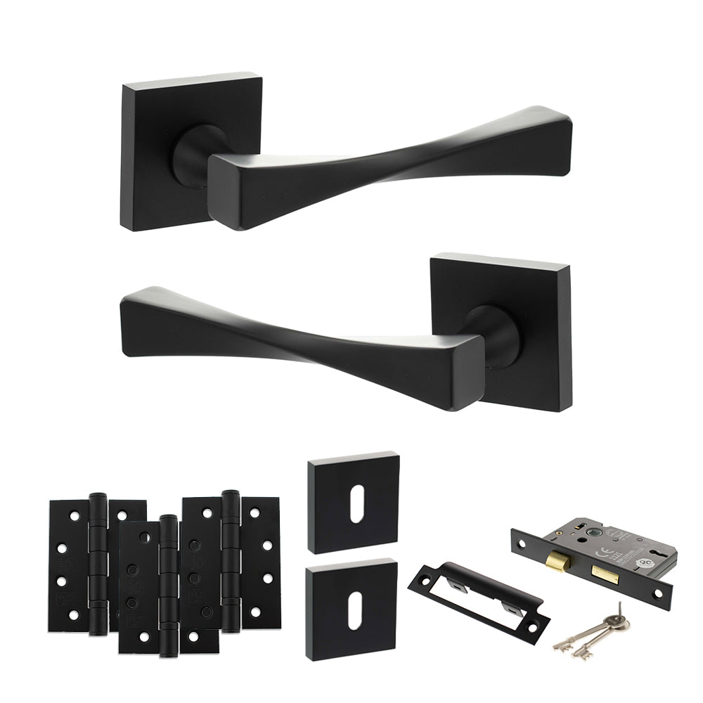Quality image of Senza Pari Guido Door Handle Pack (3 Lever Lock Set - 2.5" CE Sashlock, 4" Fire Rated Hinges x3) - Matt Black | Sku. adpsp190mb16 | available from Trade Door Handles.