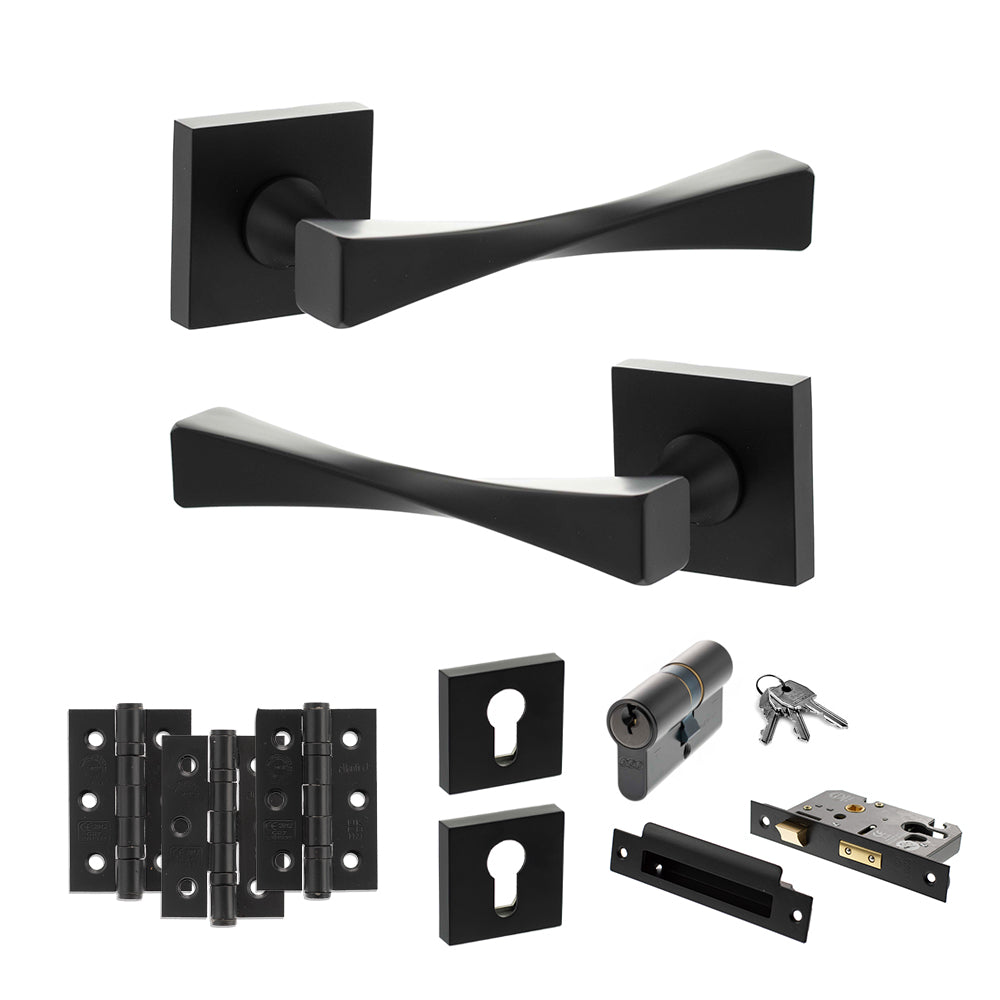 Quality image of Senza Pari Guido Door Handle Pack (Euro Lock Set - 3" CE Sashlock, 3" Fire Rated Hinges x3) - Matt Black | Sku. adpsp190mb21 | available from Trade Door Handles.