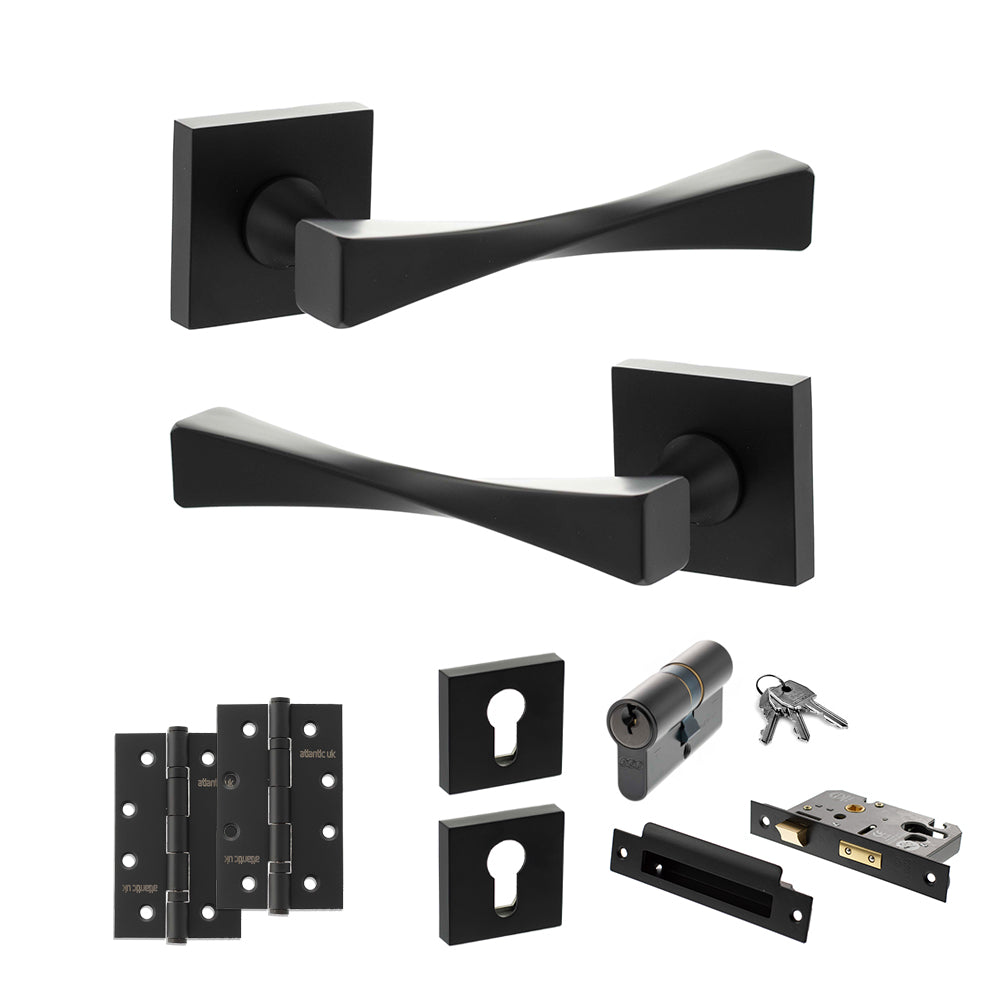 Quality image of Senza Pari Guido Door Handle Pack (Euro Lock Set - 2.5" CE Sashlock, 4" Slim Knuckle Hinges x2) - Matt Black | Sku. adpsp190mb24 | available from Trade Door Handles.