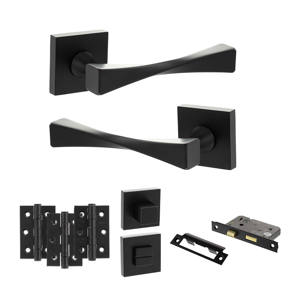 Quality image of Senza Pari Guido Door Handle Pack (Bathroom Set - 2.5" CE Bathroom Lock, 3" Fire Rated Hinges x3) - Matt Black | Sku. adpsp190mb8 | available from Trade Door Handles.