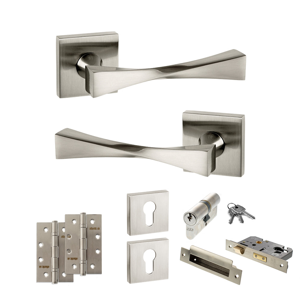 Quality image of Senza Pari Guido Door Handle Pack (Euro Lock Set - 3" CE Sashlock, 4" Slim Knuckle Hinges x2) - Satin Nickel | Sku. adpsp190sn25 | available from Trade Door Handles.