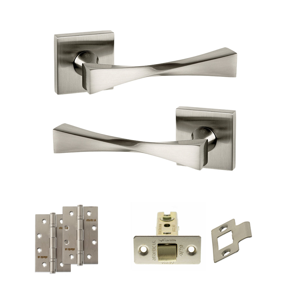 Quality image of Senza Pari Guido Door Handle Pack (Latch Set - 3" CE Latch, 4" Slim Knuckle Hinges x2) - Satin Nickel | Sku. adpsp190sn6 | available from Trade Door Handles.