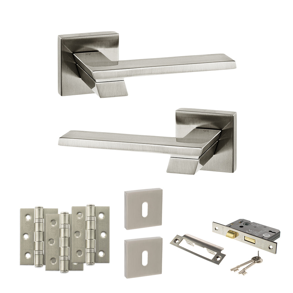 Quality image of Senza Pari Giovanni Door Handle Pack (3 Lever Lock Set - 3" CE Sashlock, 3" Fire Rated Hinges x3) - Satin Nickel | Sku. adpsp203sn15 | available from Trade Door Handles.