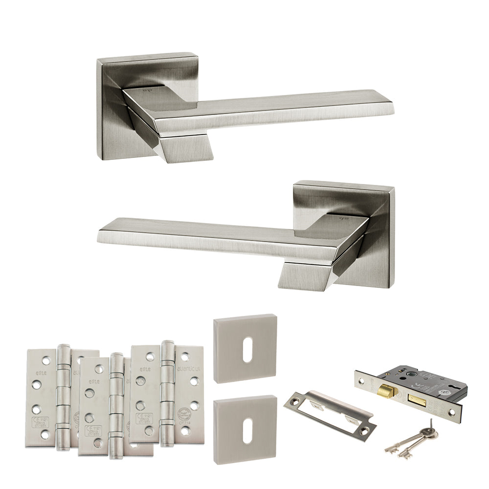 Quality image of Senza Pari Giovanni Door Handle Pack (3 Lever Lock Set - 2.5" CE Sashlock, 4" Fire Rated Hinges x3) - Satin Nickel | Sku. adpsp203sn16 | available from Trade Door Handles.