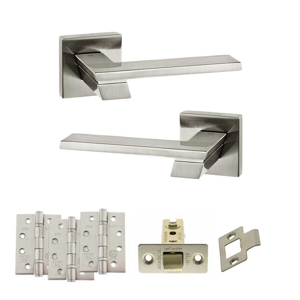 Quality image of Senza Pari Giovanni Door Handle Pack (Latch Set - 2.5" CE Latch, 4" Fire Rated Hinges x3) - Satin Nickel | Sku. adpsp203sn3 | available from Trade Door Handles.