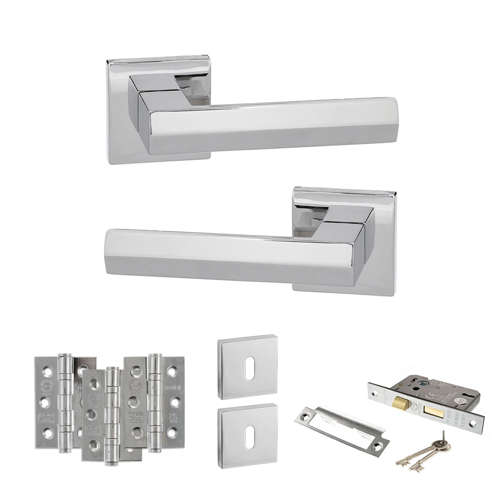 Quality image of Senza Pari Davoli Door Handle Pack (3 Lever Lock Set - 3" CE Sashlock, 3" Fire Rated Hinges x3) - Polished Chrome | Sku. adpsp216pc15 | available from Trade Door Handles.
