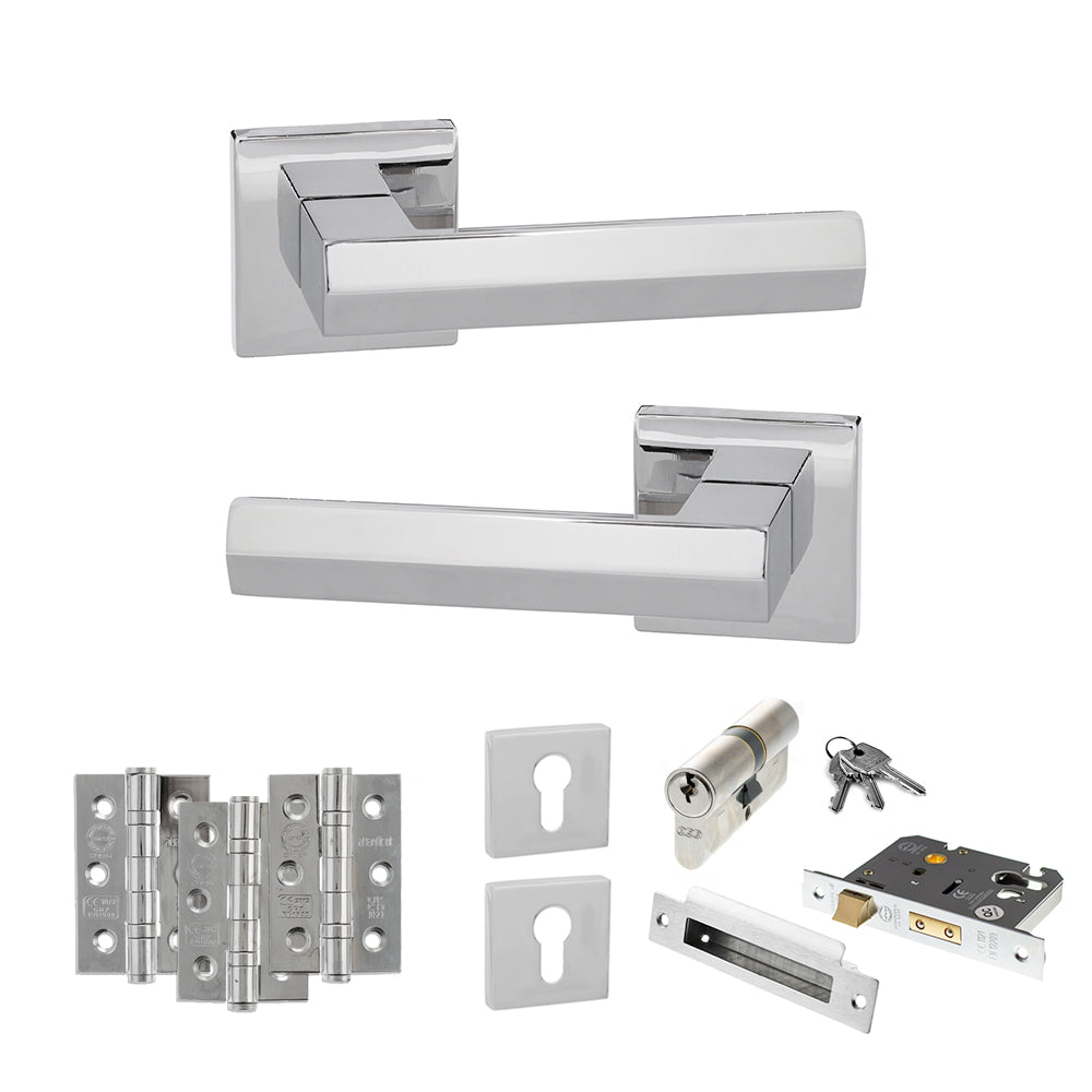 Quality image of Senza Pari Davoli Door Handle Pack (Euro Lock Set - 3" CE Sashlock, 3" Fire Rated Hinges x3) - Polished Chrome | Sku. adpsp216pc21 | available from Trade Door Handles.