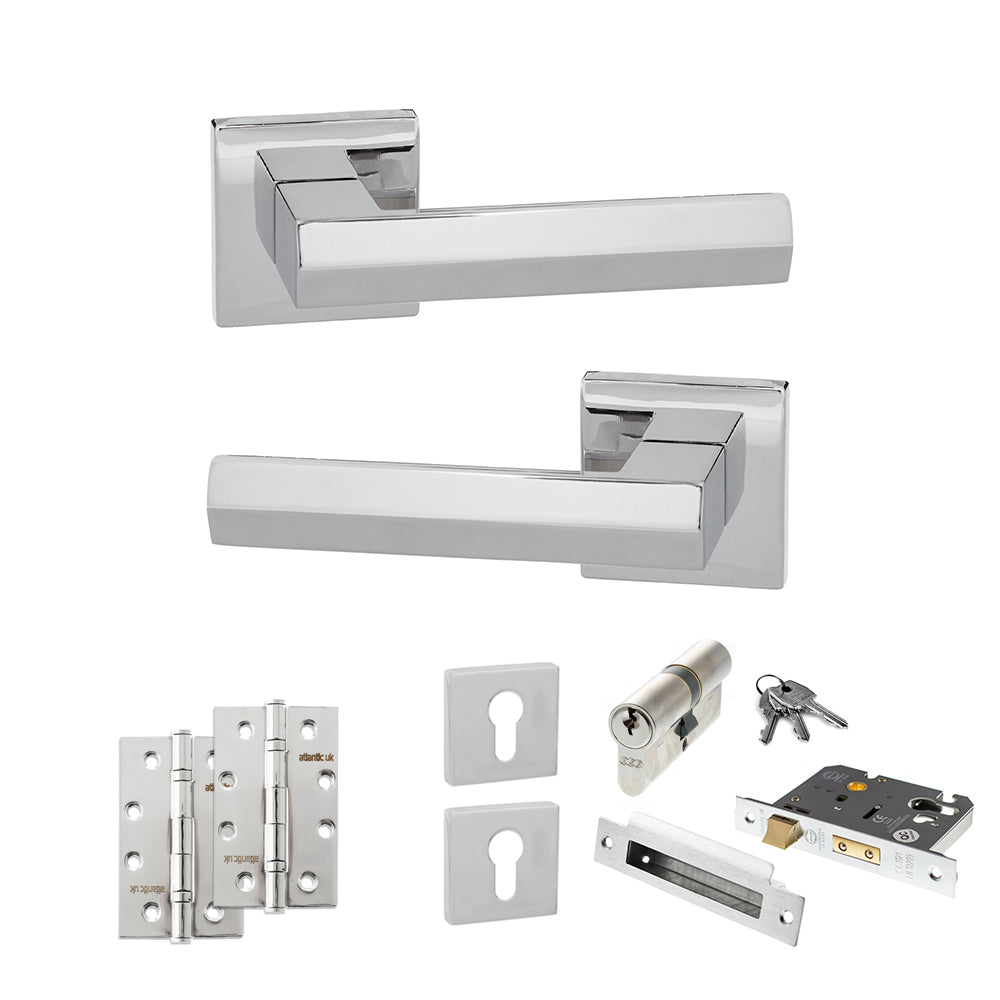 Quality image of Senza Pari Davoli Door Handle Pack (Euro Lock Set - 2.5" CE Sashlock, 4" Slim Knuckle Hinges x2) - Polished Chrome | Sku. adpsp216pc24 | available from Trade Door Handles.