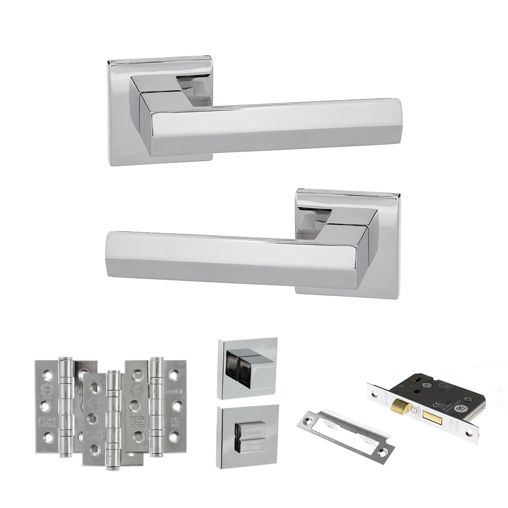 Quality image of Senza Pari Davoli Door Handle Pack (Bathroom Set - 2.5" CE Bathroom Lock, 3" Fire Rated Hinges x3) - Polished Chrome | Sku. adpsp216pc8 | available from Trade Door Handles.