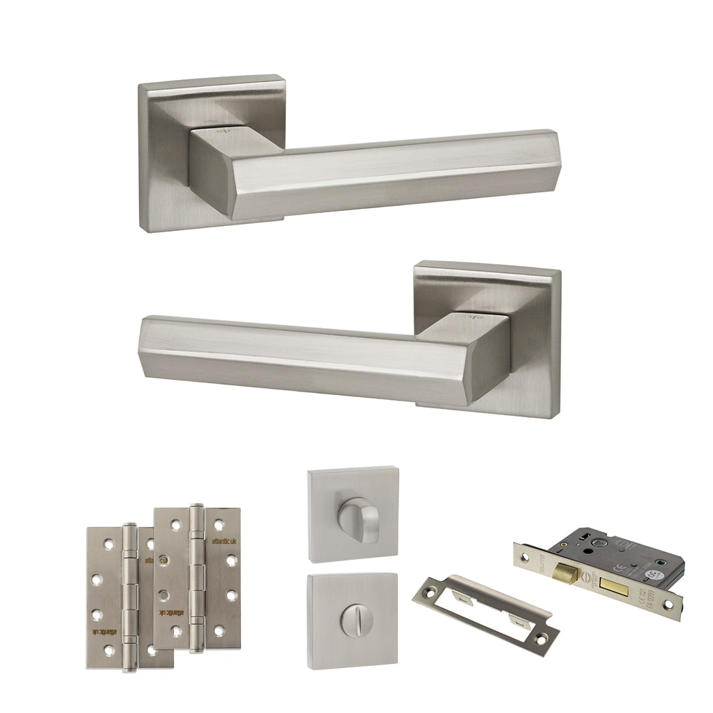 Quality image of Senza Pari Davoli Door Handle Pack (Bathroom Set - 3" CE Bathroom Lock, 4" Slim Knuckle Hinges x2) - Satin Nickel | Sku. adpsp216sn13 | available from Trade Door Handles.
