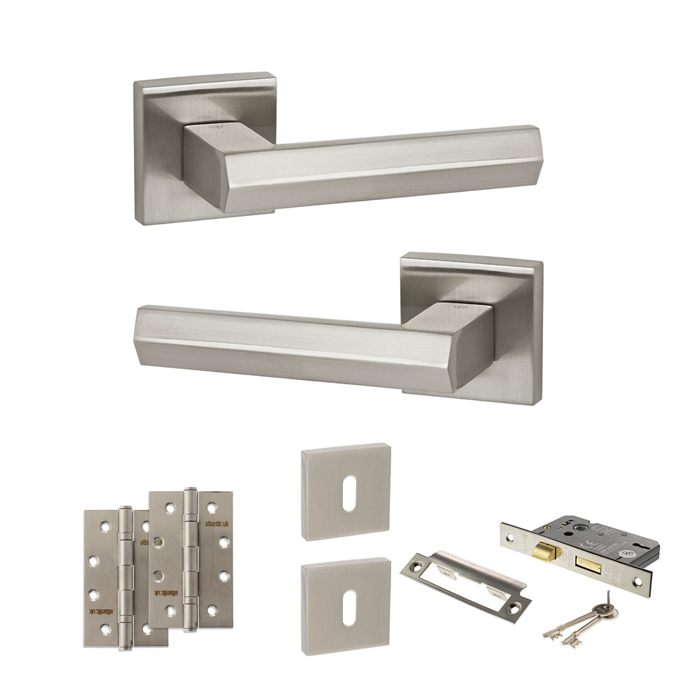 Quality image of Senza Pari Davoli Door Handle Pack (3 Lever Lock Set - 2.5" CE Sashlock, 4" Slim Knuckle Hinges x2) - Satin Nickel | Sku. adpsp216sn18 | available from Trade Door Handles.