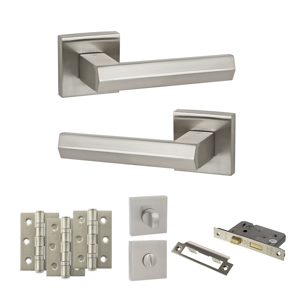 Quality image of Senza Pari Davoli Door Handle Pack (Bathroom Set - 2.5" CE Bathroom Lock, 3" Fire Rated Hinges x3) - Satin Nickel | Sku. adpsp216sn8 | available from Trade Door Handles.