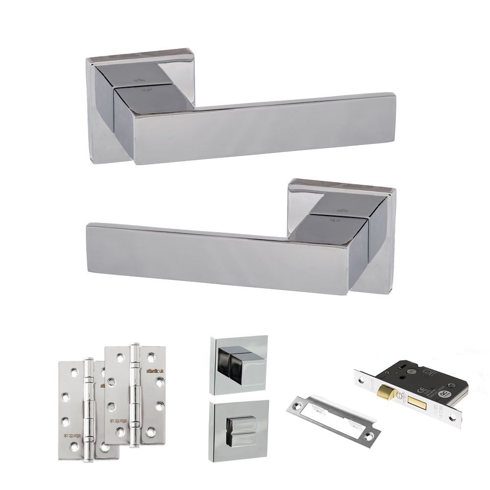 Quality image of Senza Pari Panetti Door Handle Pack (Bathroom Set - 3" CE Bathroom Lock, 4" Slim Knuckle Hinges x2) - Polished Chrome | Sku. adpsp217cp13 | available from Trade Door Handles.