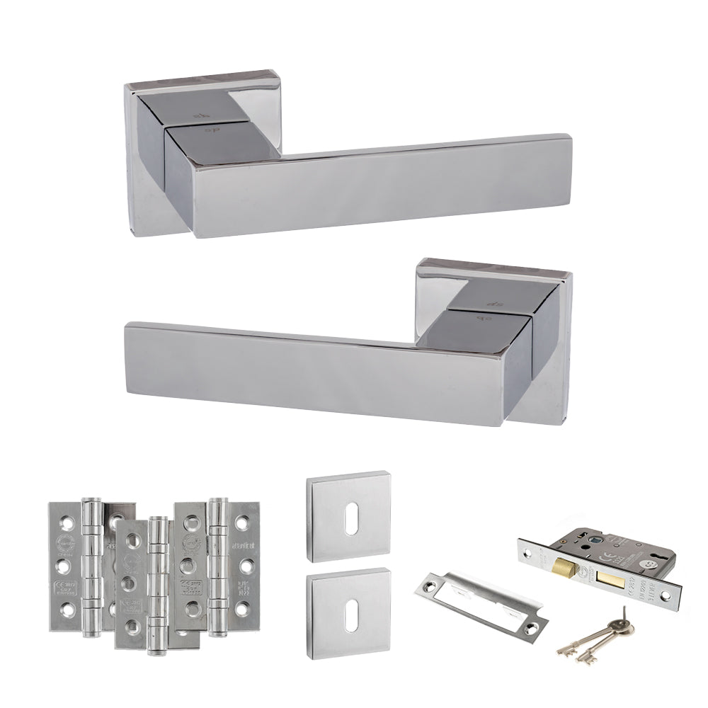 Quality image of Senza Pari Panetti Door Handle Pack (3 Lever Lock Set - 2.5" CE Sashlock, 3" Fire Rated Hinges x3) - Polished Chrome | Sku. adpsp217cp14 | available from Trade Door Handles.