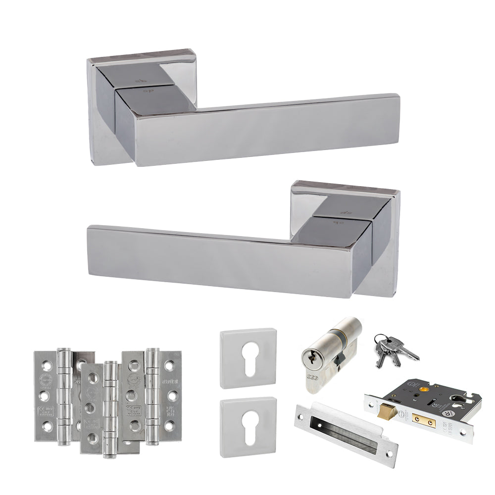 Quality image of Senza Pari Panetti Door Handle Pack (Euro Lock Set - 2.5" CE Sashlock, 3" Fire Rated Hinges x3) - Polished Chrome | Sku. adpsp217cp20 | available from Trade Door Handles.