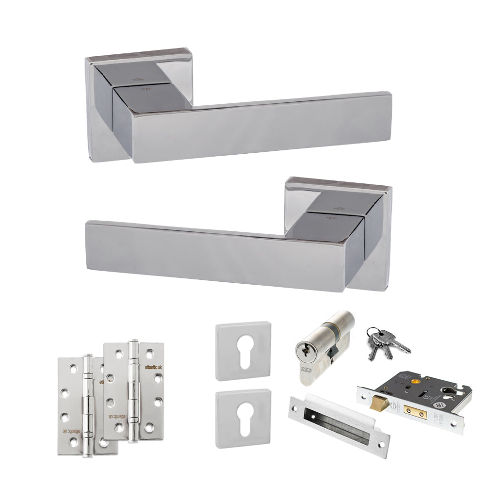 Quality image of Senza Pari Panetti Door Handle Pack (Euro Lock Set - 2.5" CE Sashlock, 4" Slim Knuckle Hinges x2) - Polished Chrome | Sku. adpsp217cp24 | available from Trade Door Handles.