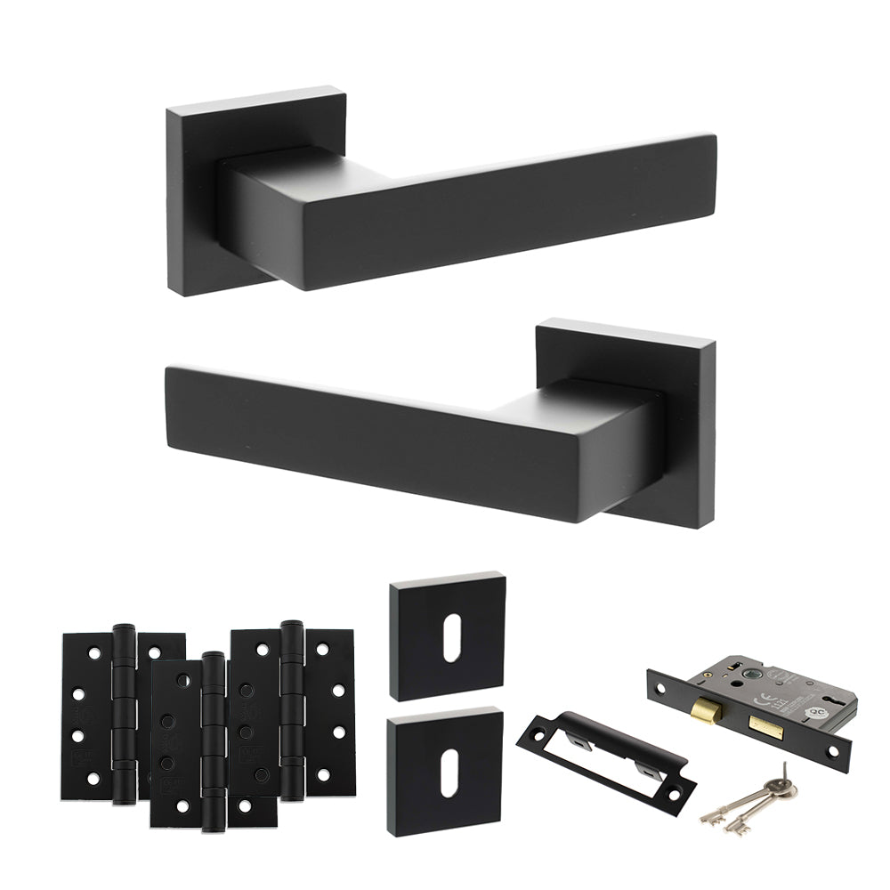 Quality image of Senza Pari Panetti Door Handle Pack (3 Lever Lock Set - 3" CE Sashlock, 4" Fire Rated Hinges x3) - Matt Black | Sku. adpsp217mb17 | available from Trade Door Handles.