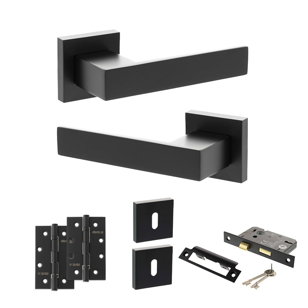 Quality image of Senza Pari Panetti Door Handle Pack (3 Lever Lock Set - 3" CE Sashlock, 4" Slim Knuckle Hinges x2) - Matt Black | Sku. adpsp217mb19 | available from Trade Door Handles.