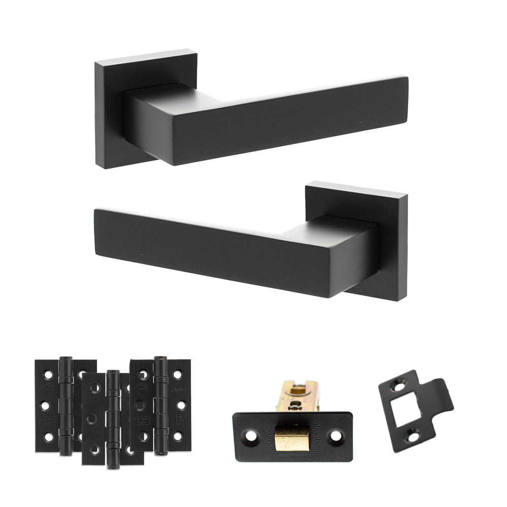 Quality image of Senza Pari Panetti Door Handle Pack (Latch Set - 2.5" CE Latch, 3" Fire Rated Hinges x3) - Matt Black | Sku. adpsp217mb1 | available from Trade Door Handles.