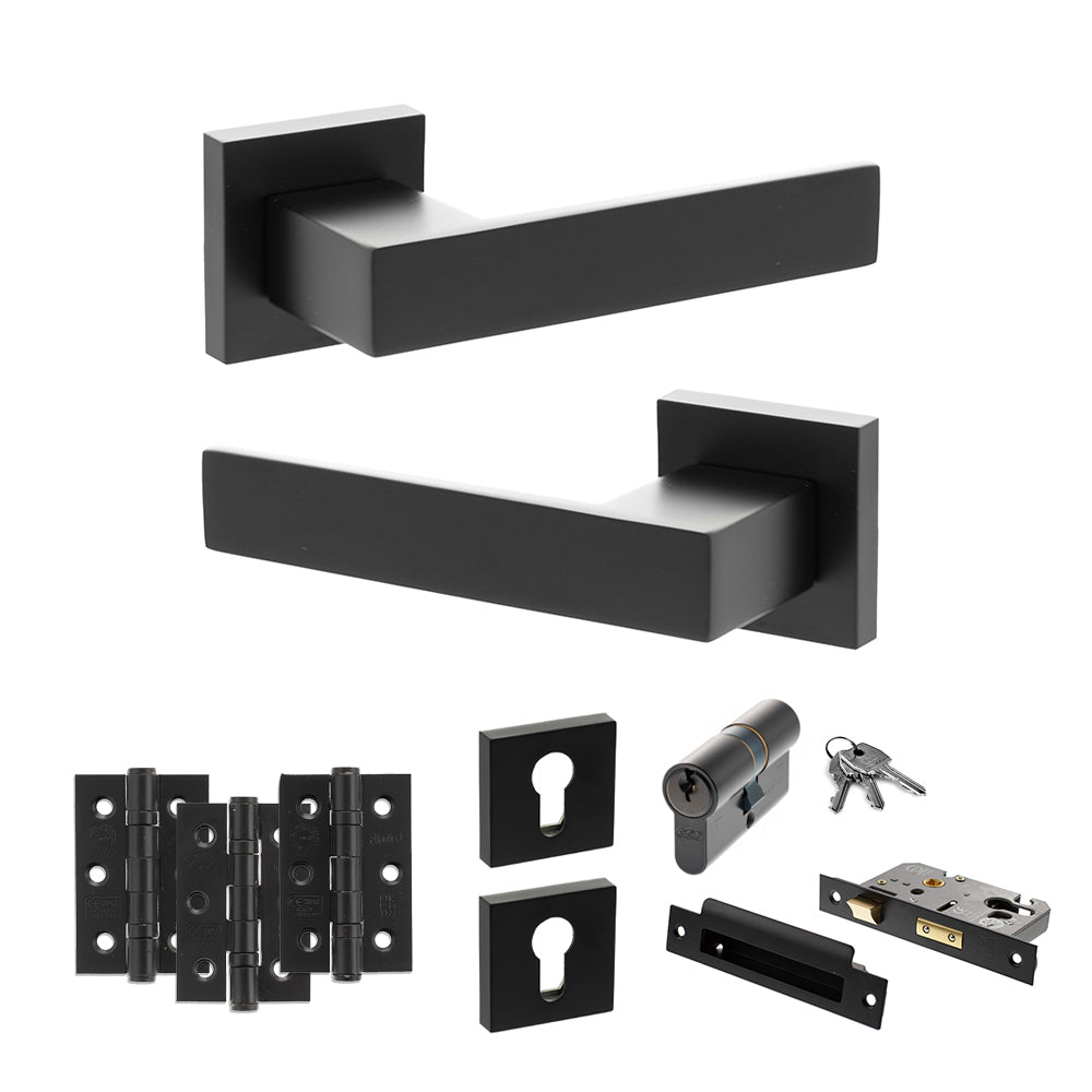 Quality image of Senza Pari Panetti Door Handle Pack (Euro Lock Set - 3" CE Sashlock, 3" Fire Rated Hinges x3) - Matt Black | Sku. adpsp217mb21 | available from Trade Door Handles.