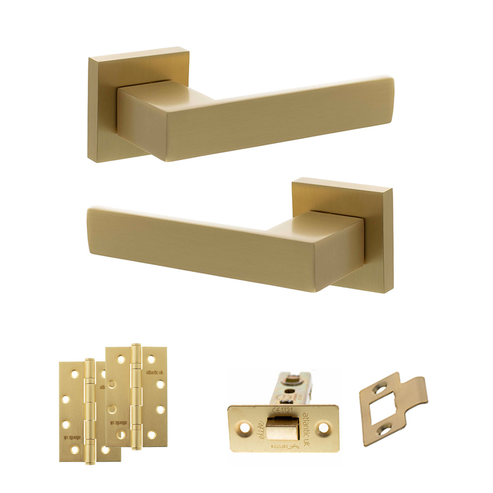 Quality image of Senza Pari Panetti Door Handle Pack (Latch Set - 3" CE Latch, 4" Slim Knuckle Hinges x2) - Satin Brass | Sku. adpsp217sb6 | available from Trade Door Handles.